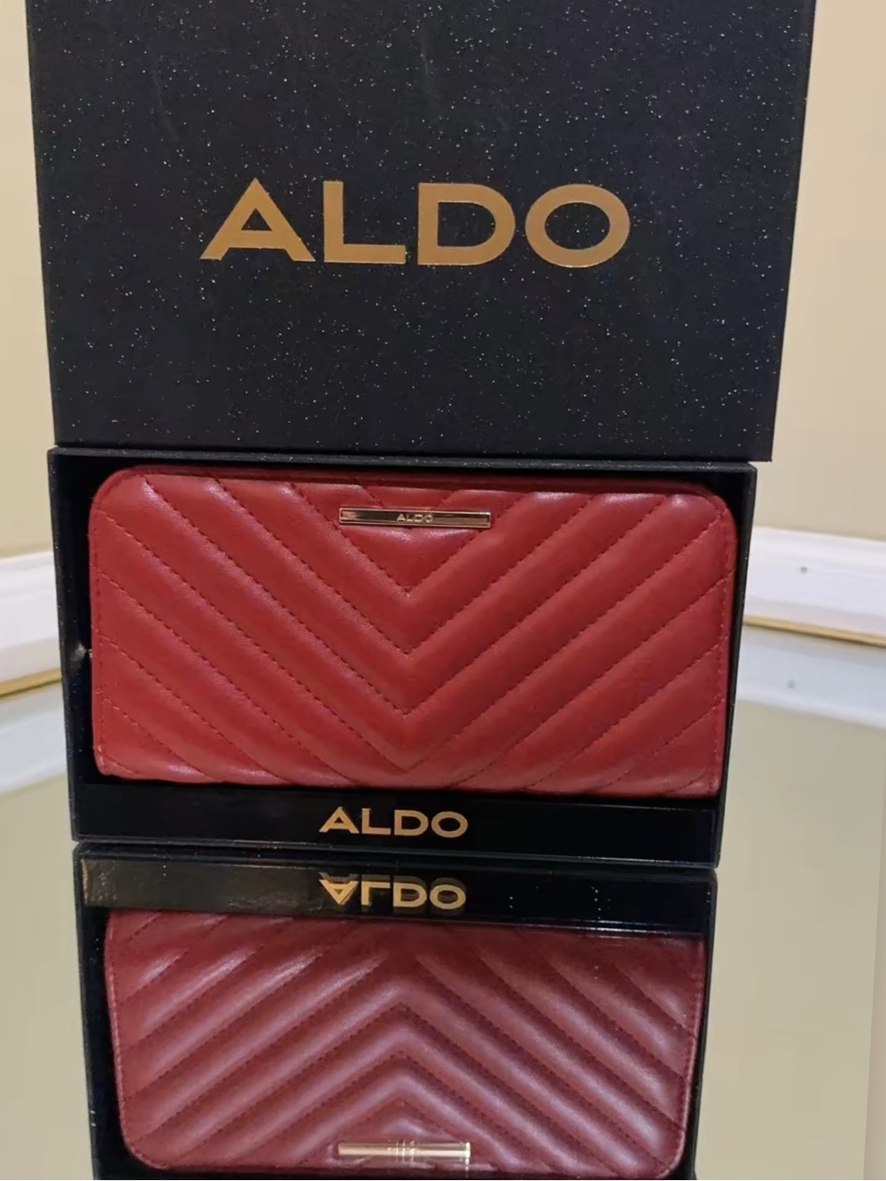 Aldo Red Quilted Chevron Zip-Around Wallet